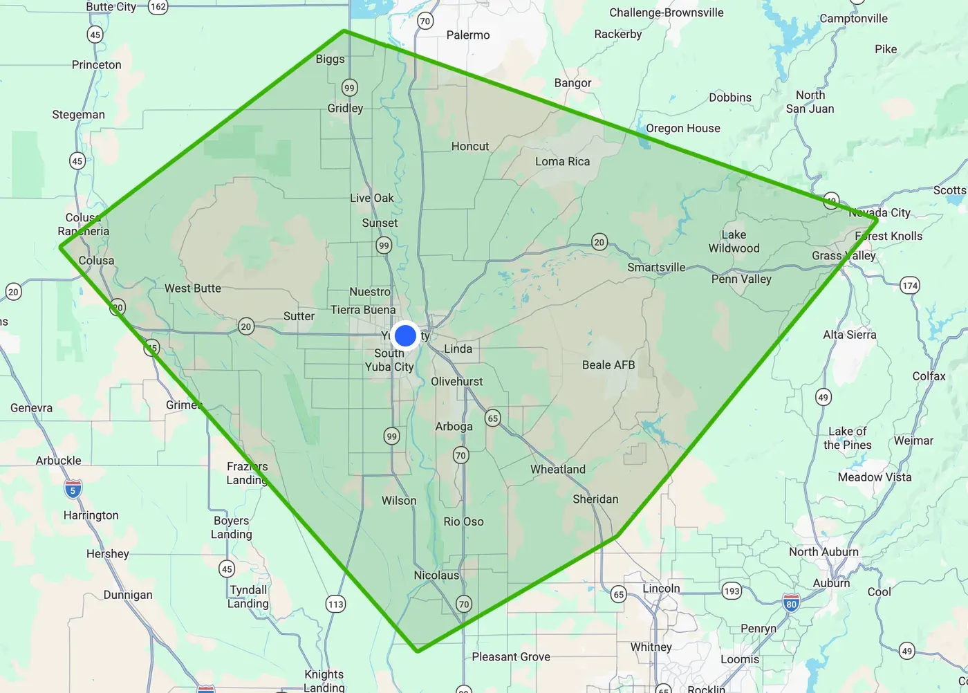 Map of the service area around Yuba City, reaching from Colusa and Gridley east to Grass Valley and south to Nicolaus